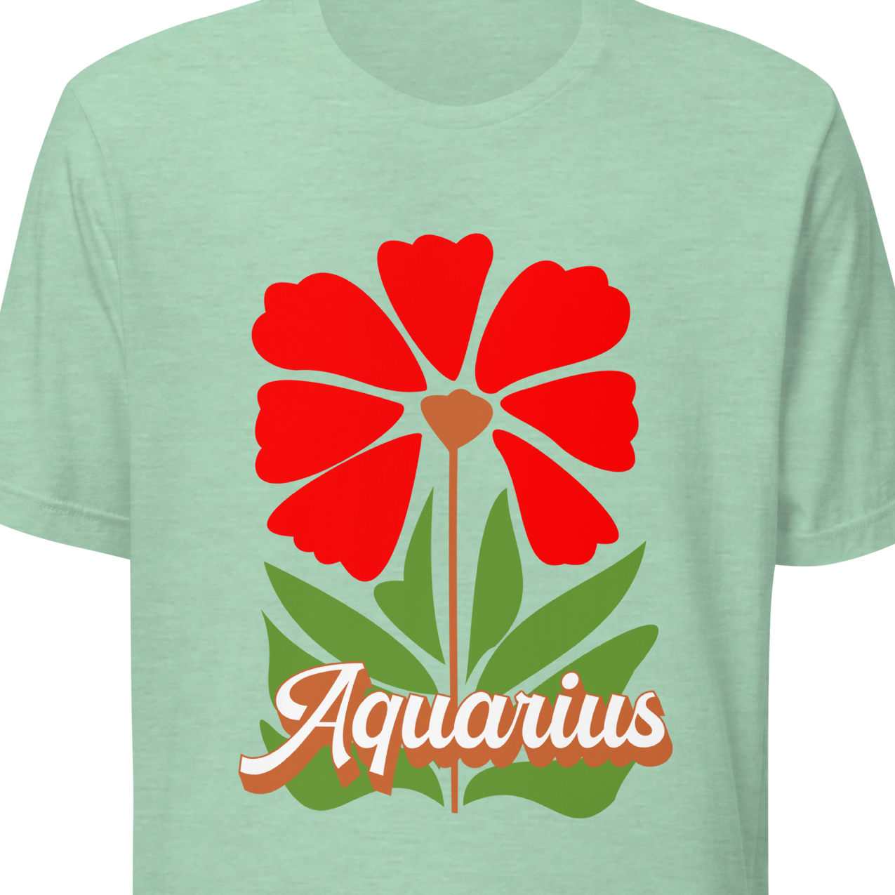 Light green t-shirt with a red flower design and 'Aquarius' text