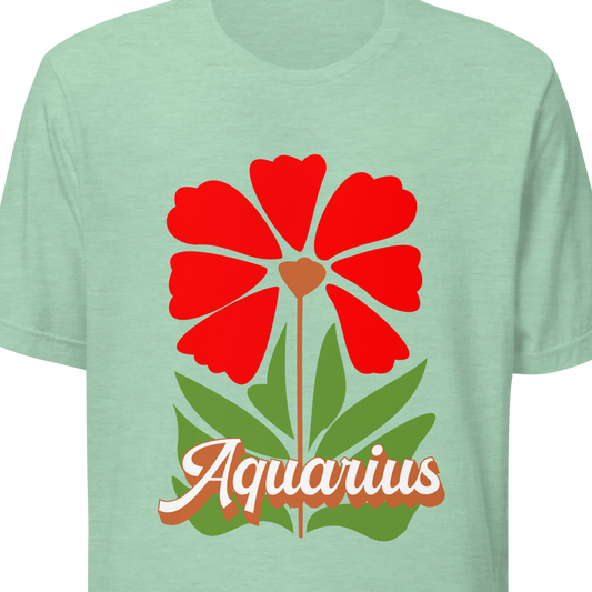 Light green t-shirt with a red flower design and 'Aquarius' text