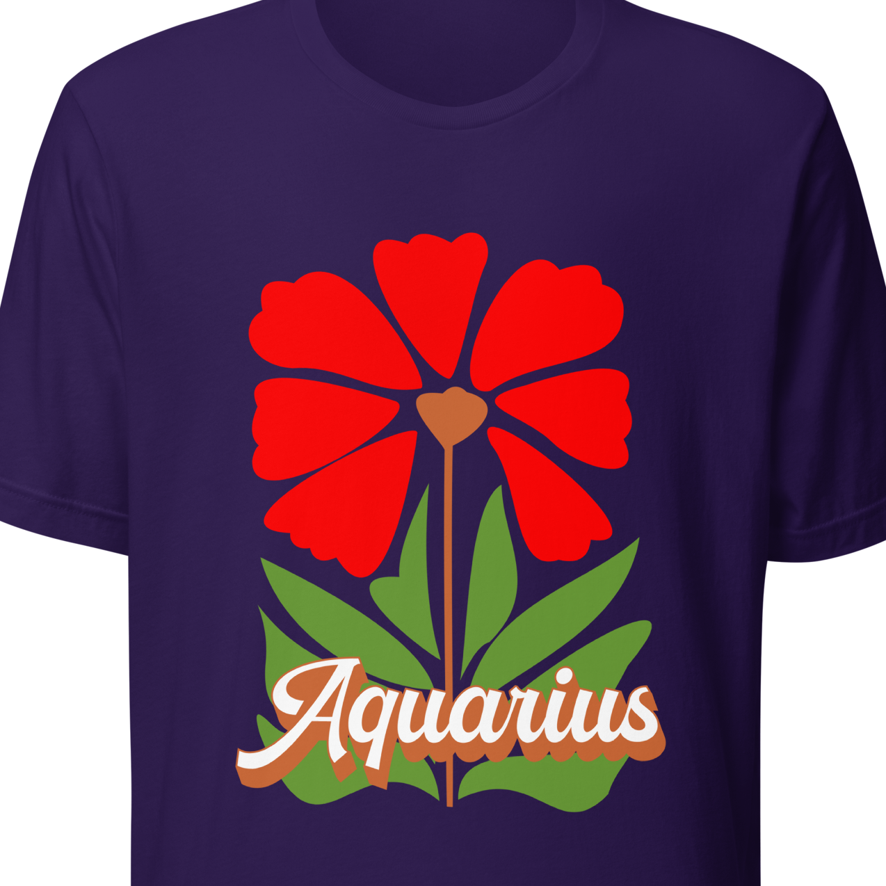 Purple t-shirt with a red flower and 'Aquarius' text 