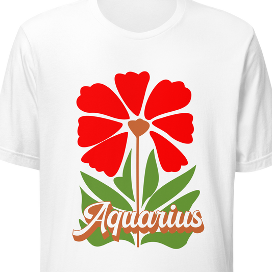 White t-shirt with a red flower and 'Aquarius' text design on a white background