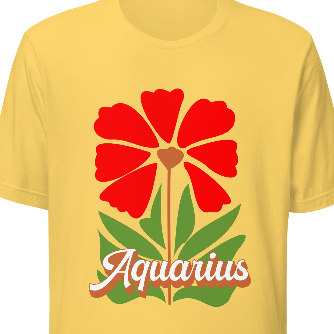 Yellow t-shirt with a red flower and 'Aquarius' text