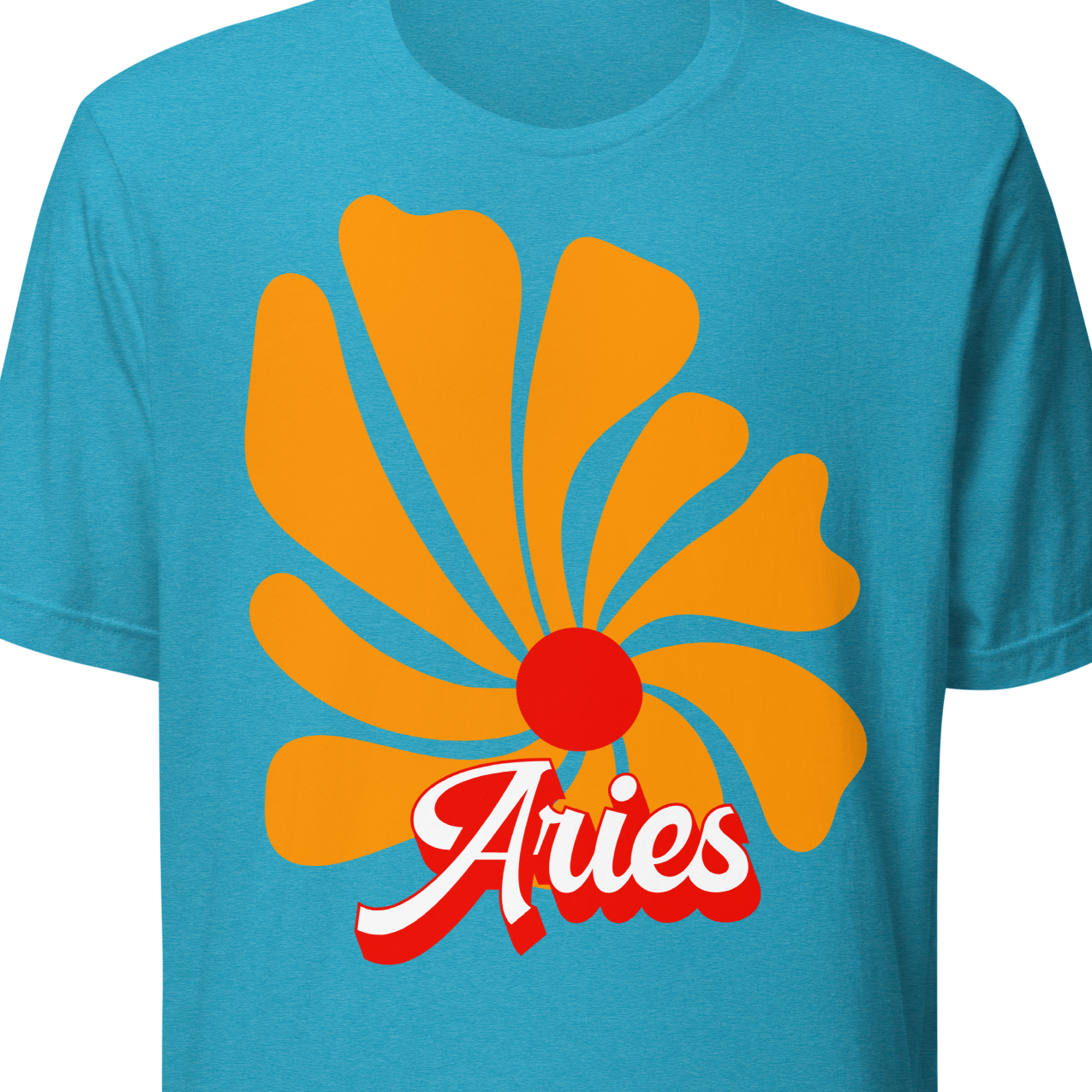 Aqua t-shirt with orange flower design and 'Aries' text 