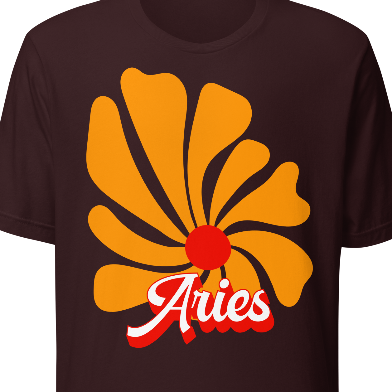 Brown t-shirt with orange flower design and 'Aries' text