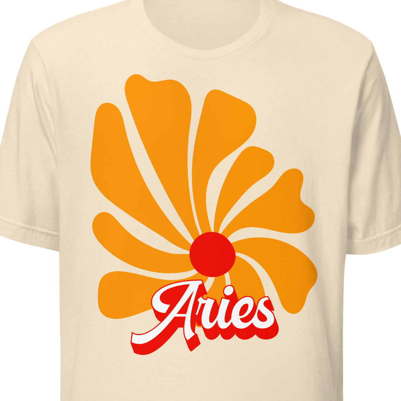 Natural t-shirt with orange and red 'Aries' design 