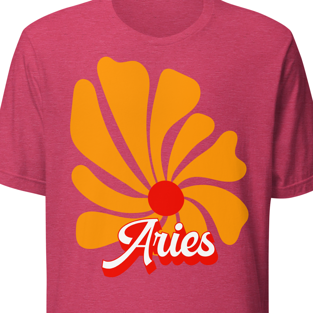 Pink t-shirt with orange flower design and 'Aries' text 
