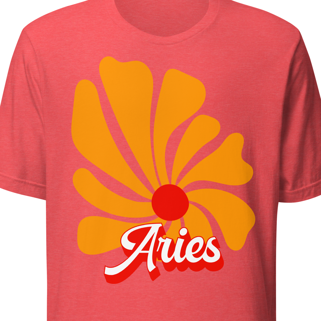 Red t-shirt with orange floral design and 'Aries' text
