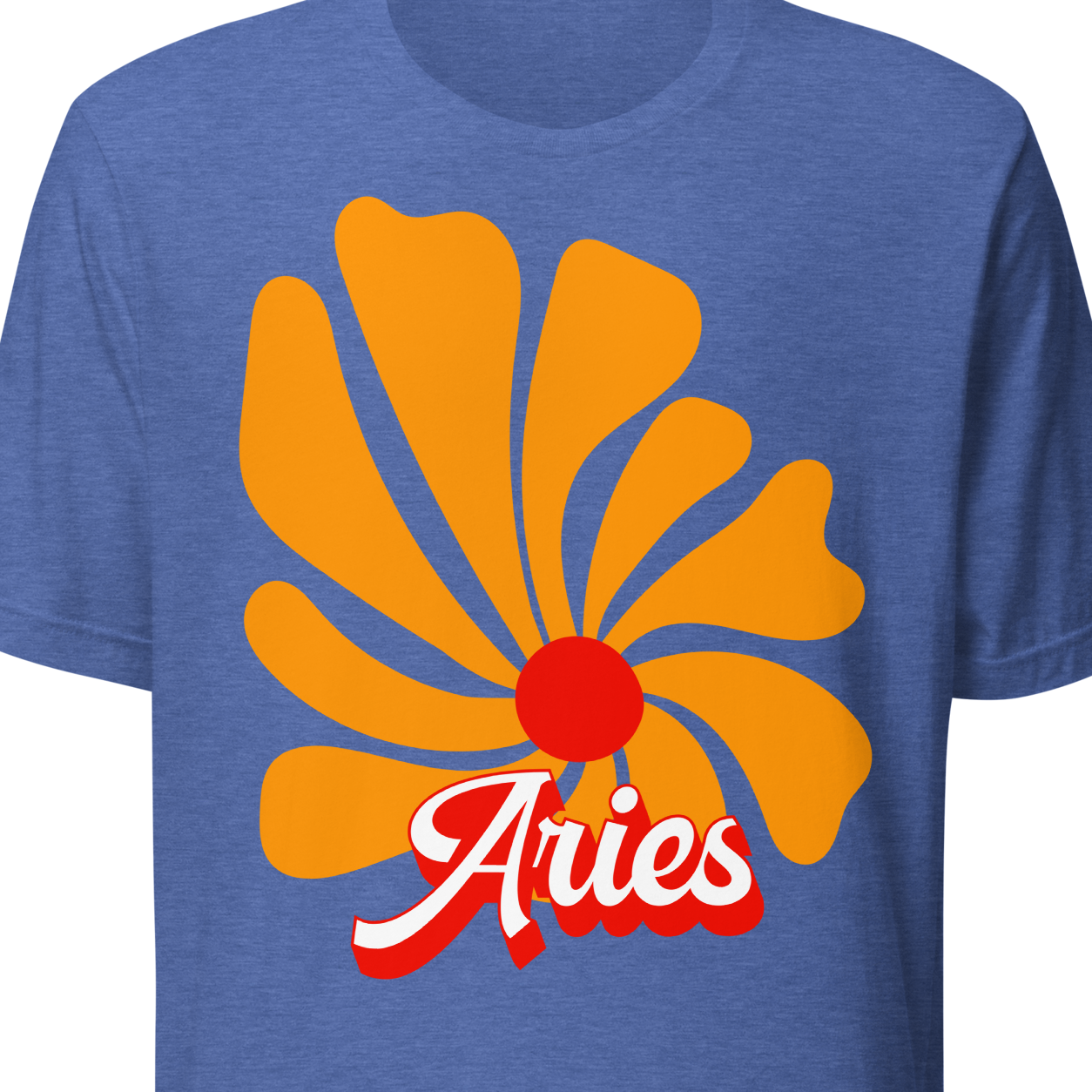Blue t-shirt with orange floral design and 'Aries' text 