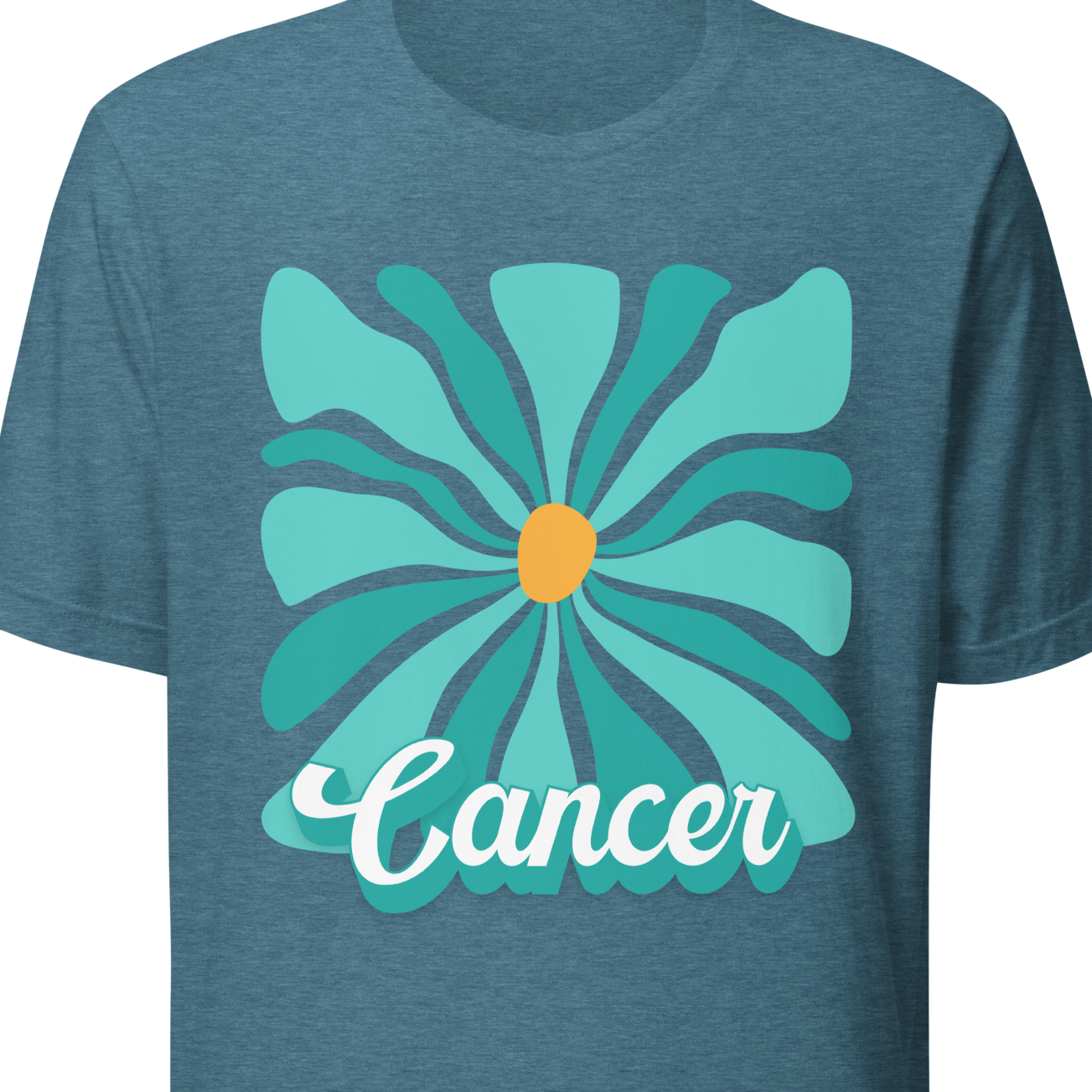Blue teal t-shirt with a turquoise flower design and 'Cancer' text 