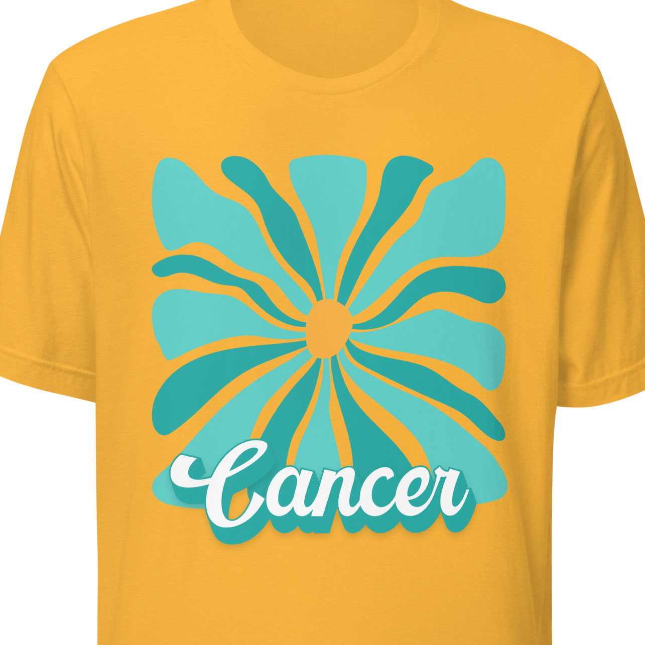 Gold t-shirt with a blue flower design and 'Cancer' text