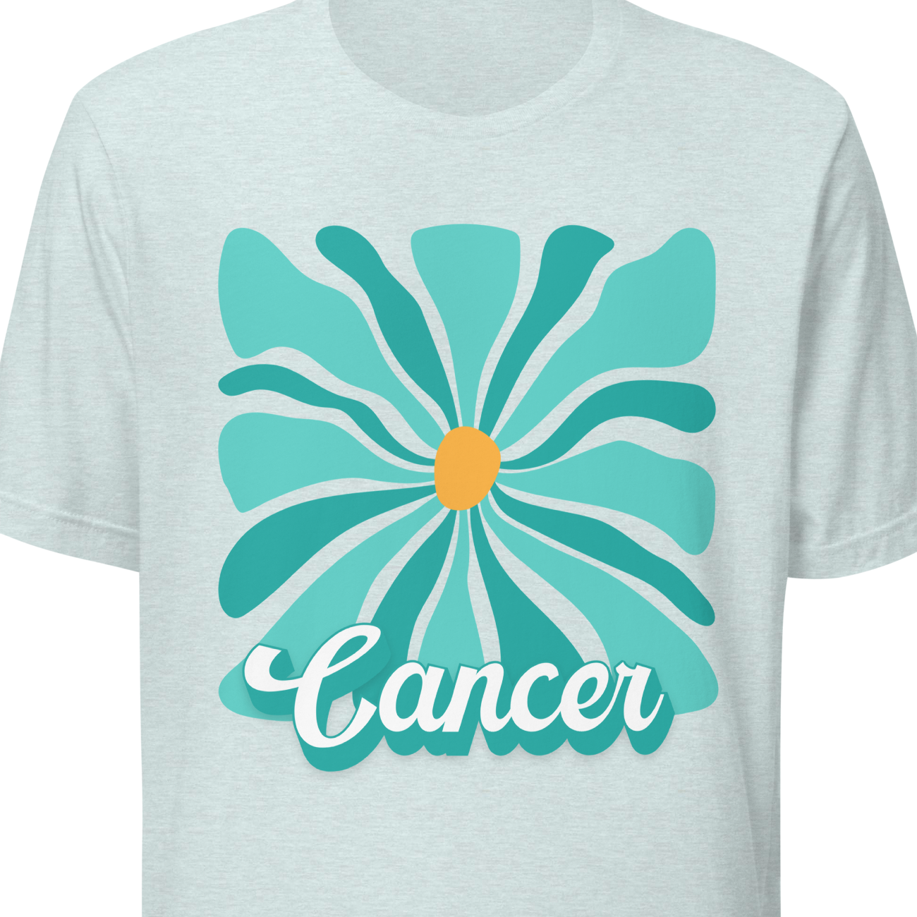 Light blue t-shirt with a turquoise flower design and 'Cancer' text