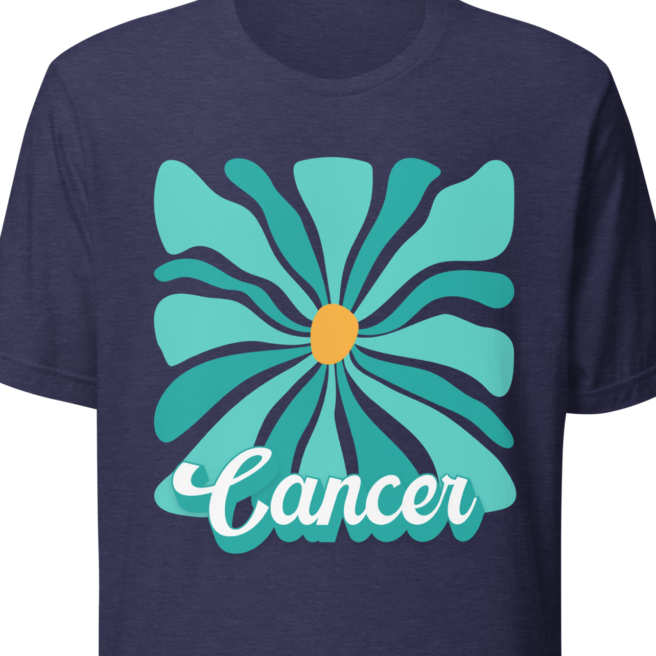 Navy blue t-shirt with a turquoise flower design and 'Cancer' text