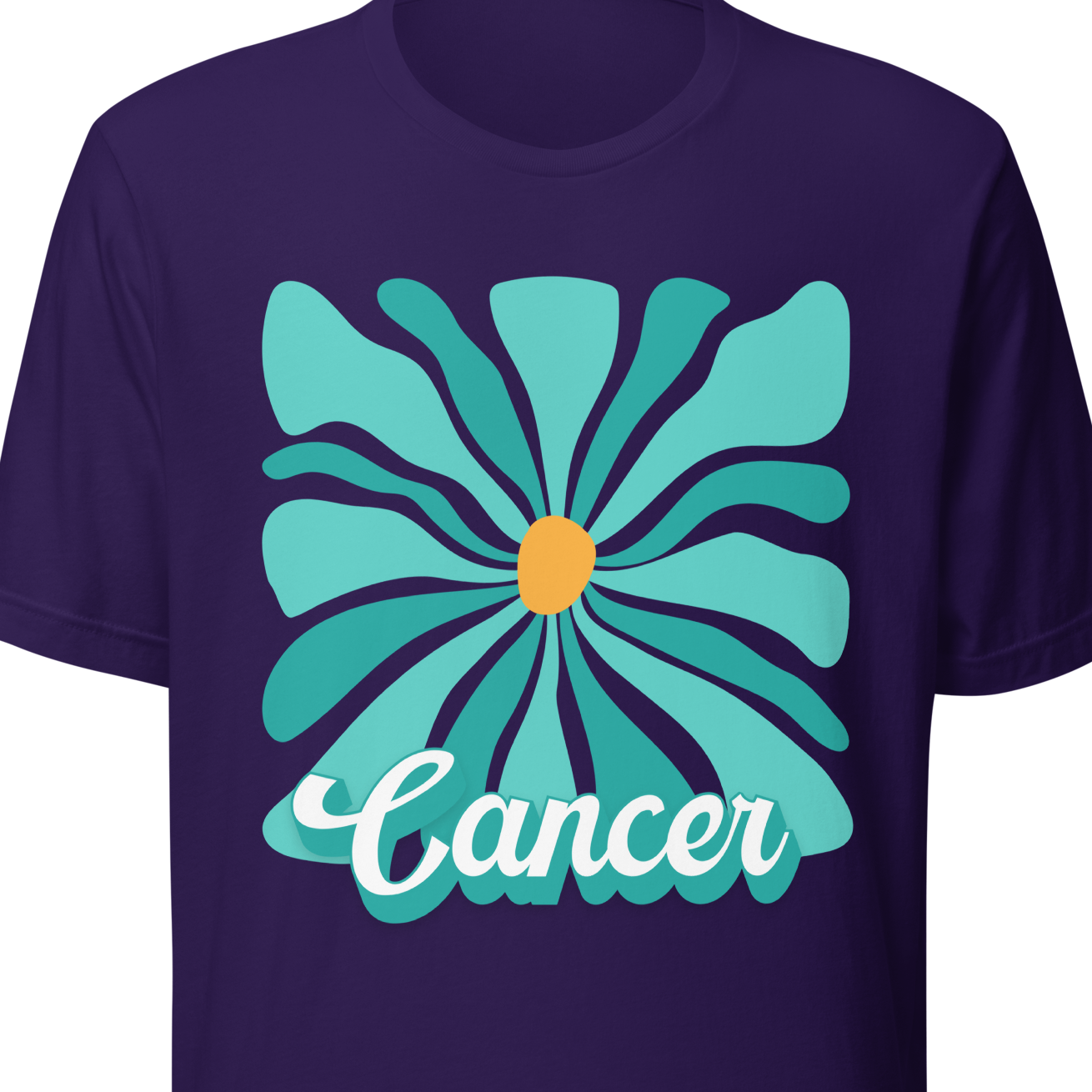 Purple t-shirt with a turquoise flower design and 'Cancer' text