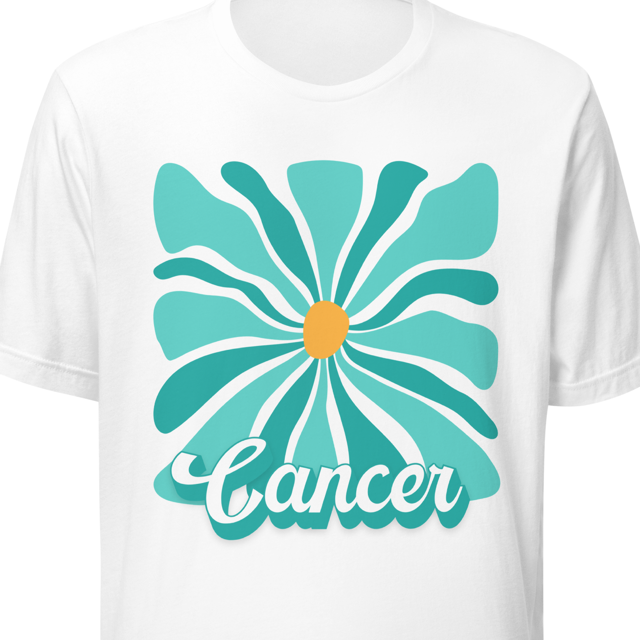 White t-shirt with a turquoise flower design and 'Cancer' text on a white background