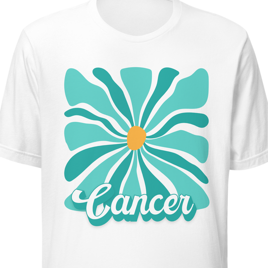 White t-shirt with a turquoise flower design and 'Cancer' text on a white background