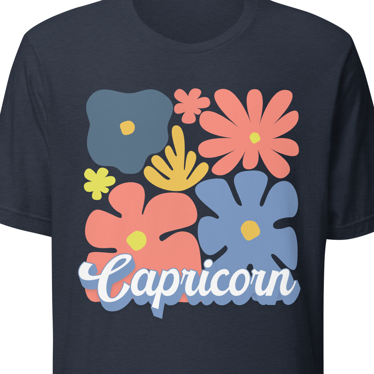 Navy t-shirt with colorful floral design and 'Capricorn' text 