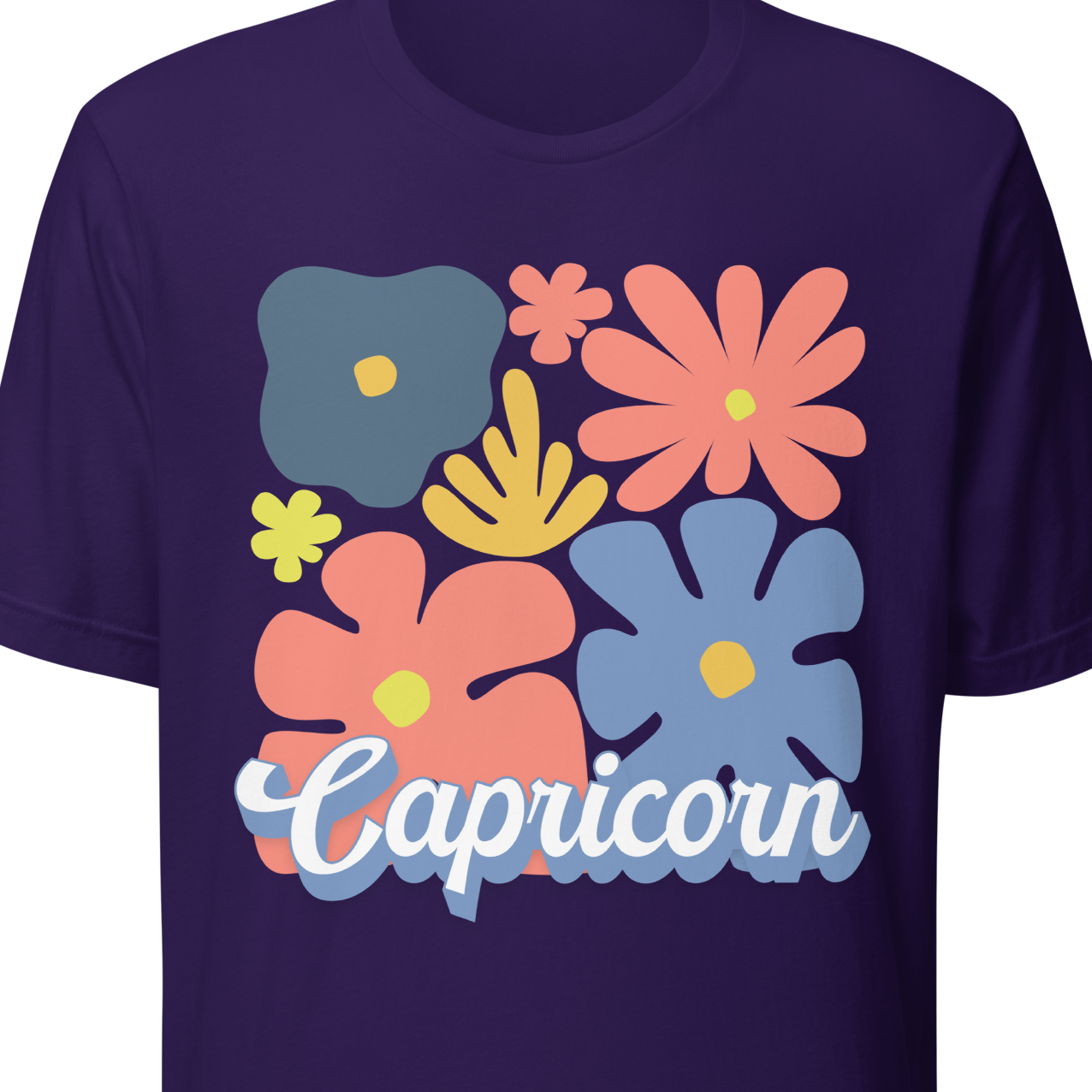 Purple t-shirt with colorful floral design and 'Capricorn' text 