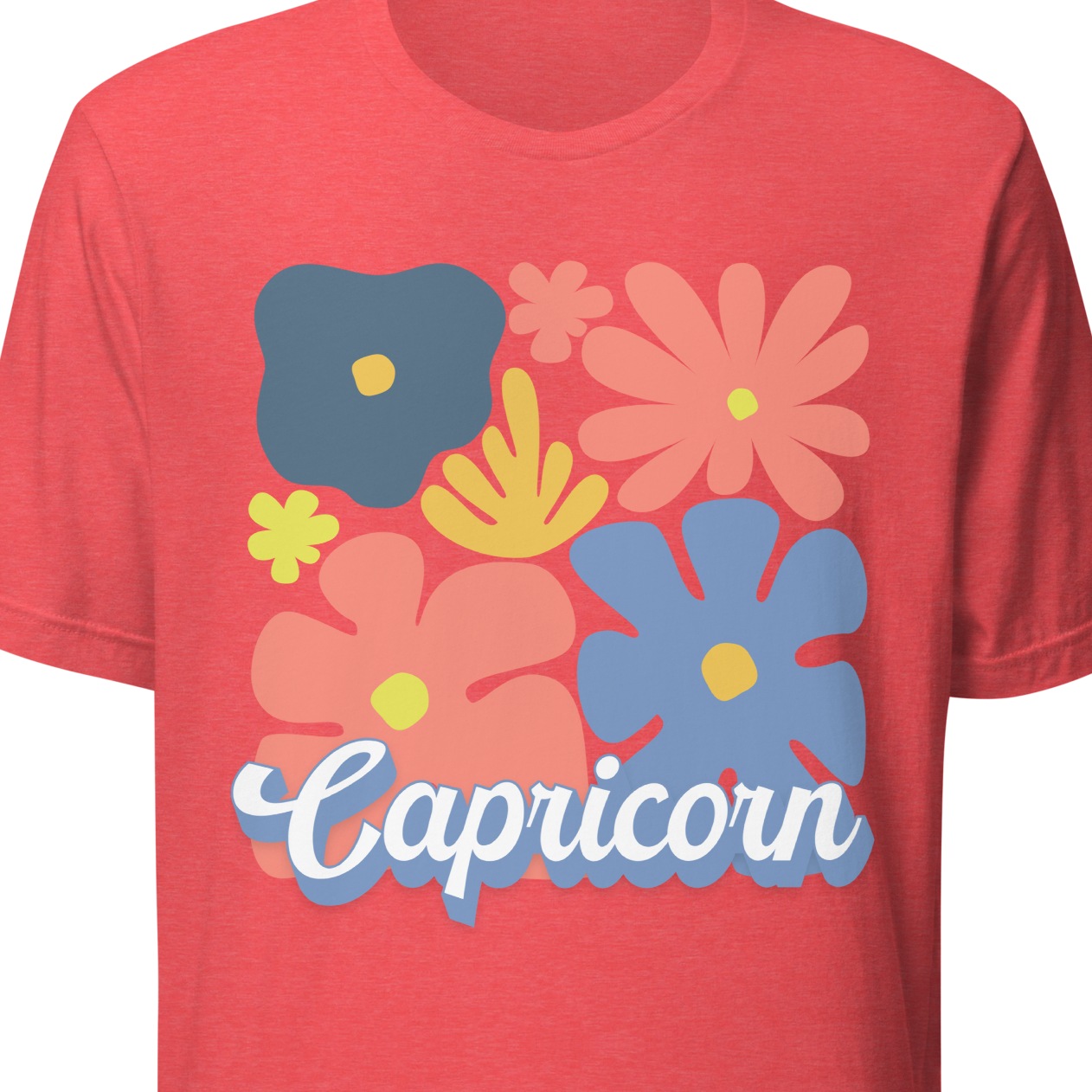 Red t-shirt with colorful floral designs and 'Capricorn' text 