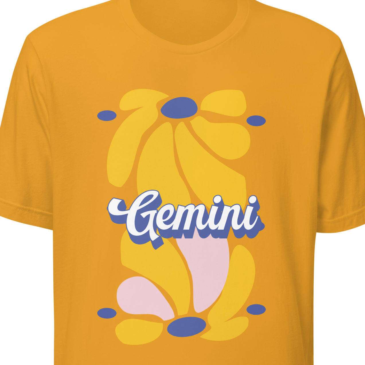 Yellow t-shirt with a floral design and 'Gemini' text 