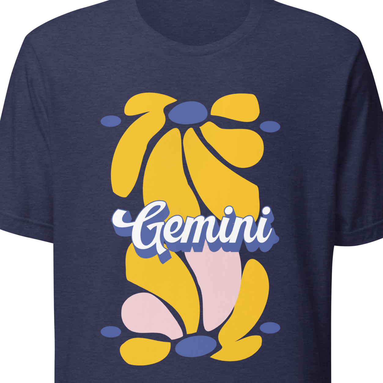 Navy blue t-shirt with yellow and white graphic design
