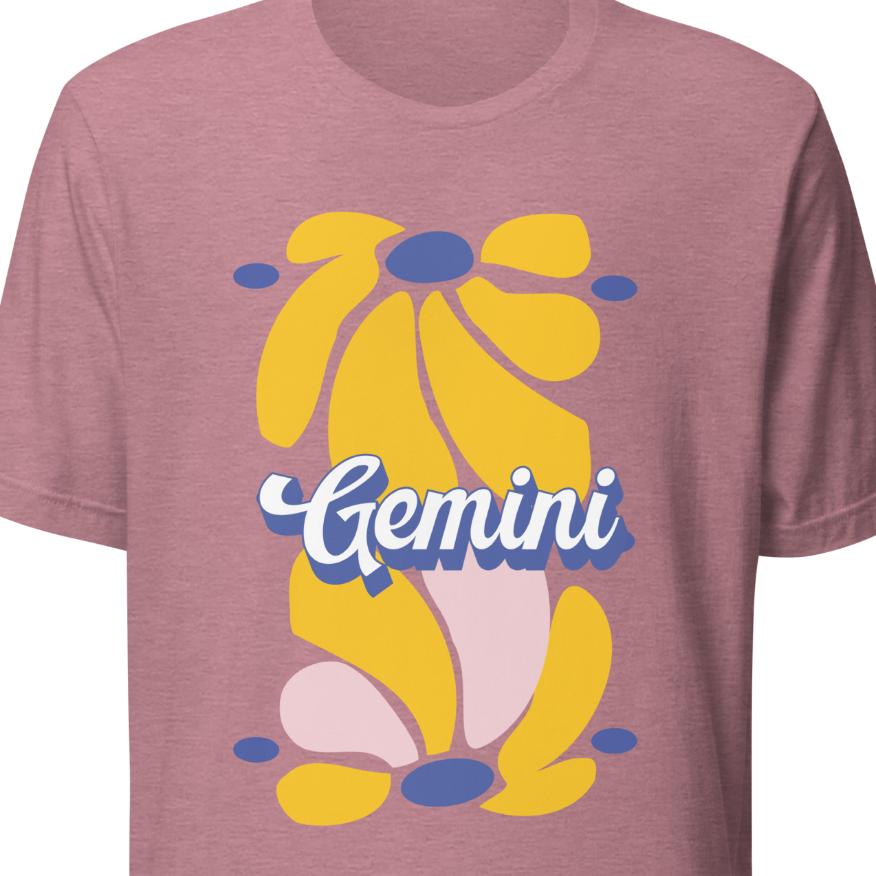 Orchid T-shirt with a yellow and blue graphic design and 'Gemini' text 