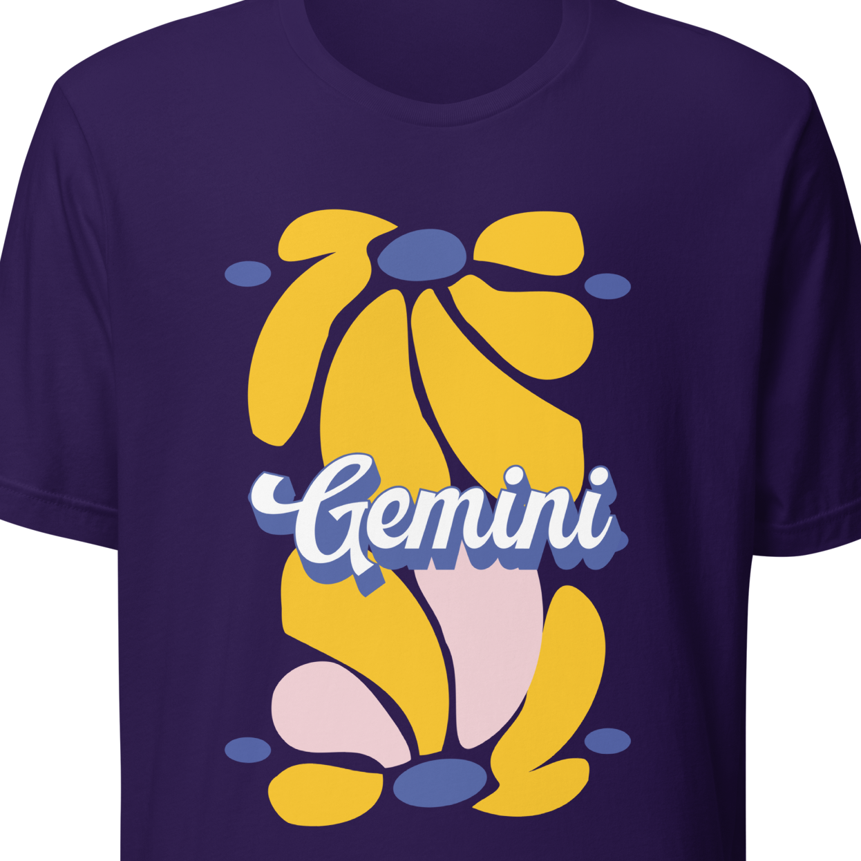 Purple t-shirt with a yellow floral graphic and 'Gemini' text