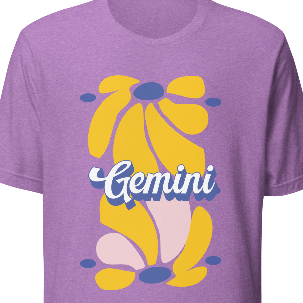 Purple t-shirt with a yellow and blue graphic design and 'Gemini' text