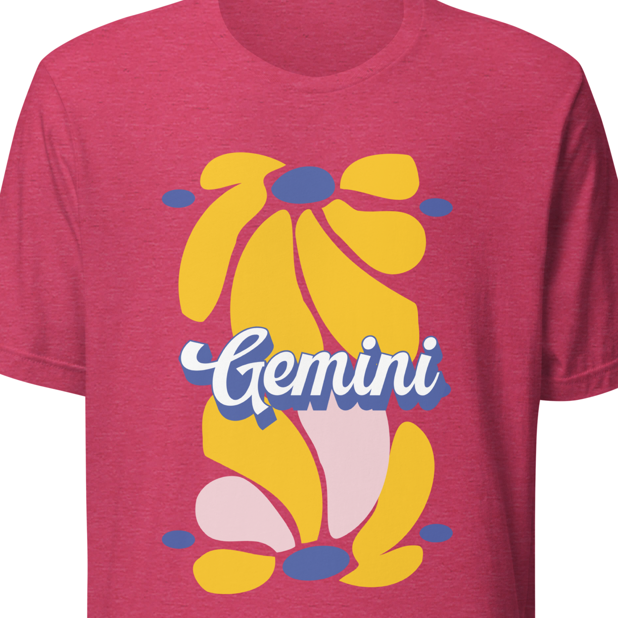 Red t-shirt with a yellow floral design and 'Gemini' text