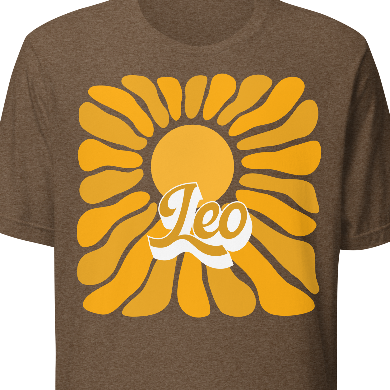 Brown t-shirt with yellow sun graphic and 'Leo' text 