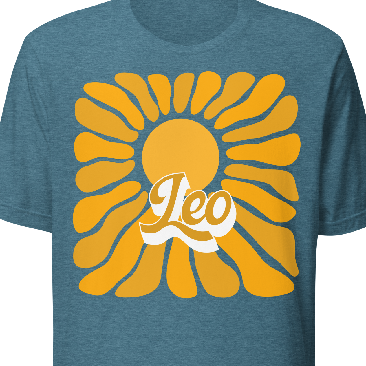 Deep teal  t-shirt with yellow sun design and 'Leo' text 