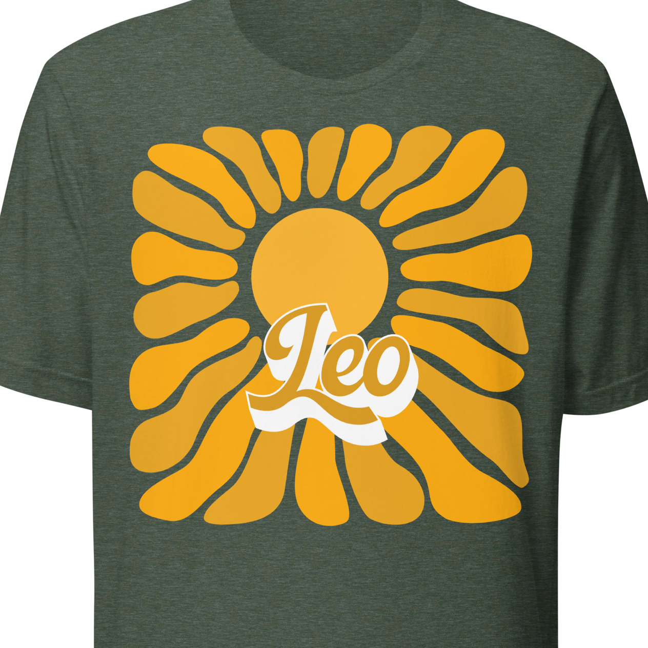 Green t-shirt with a yellow sun design and 'Leo' text