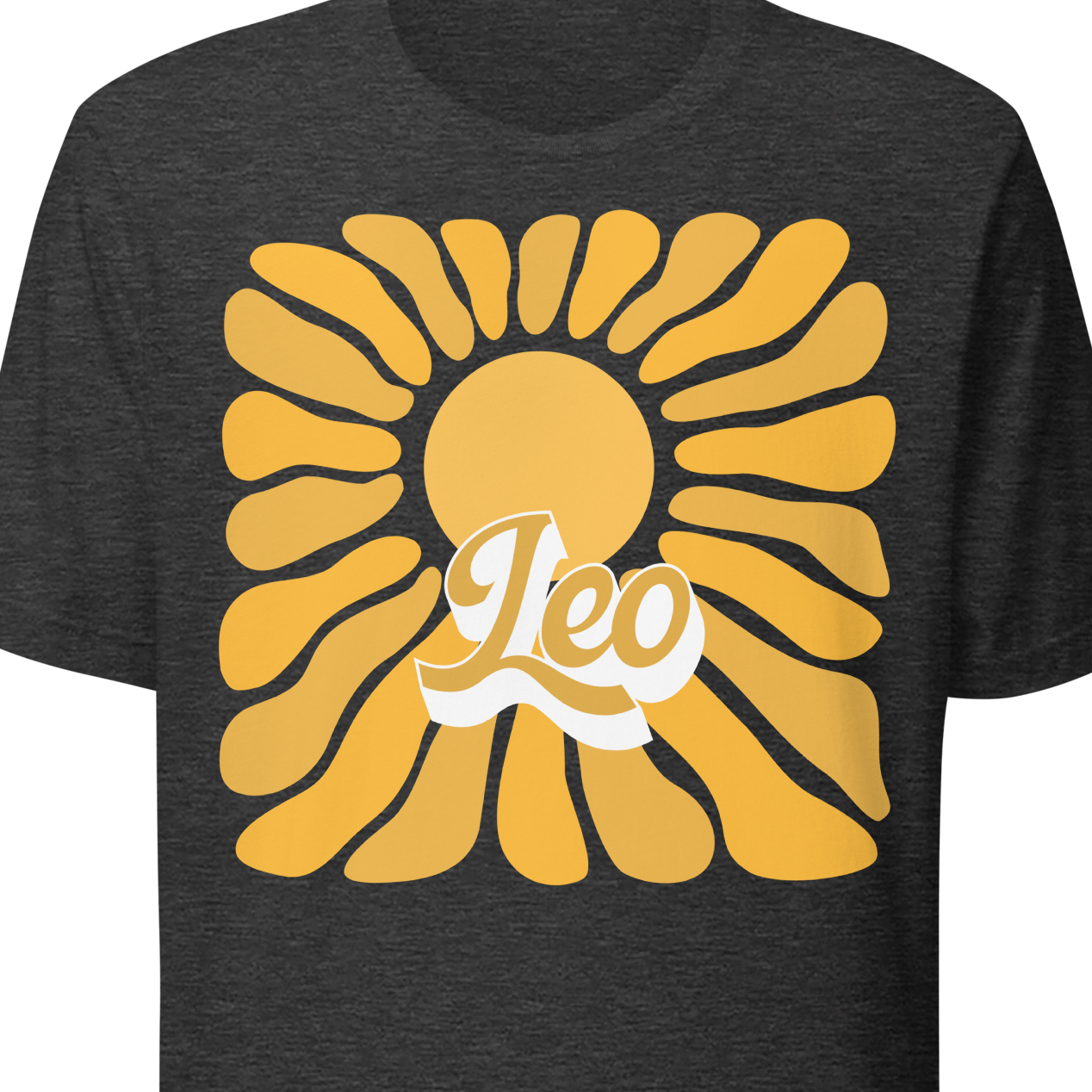 Gray t-shirt with a yellow sun design and 'Leo' text 