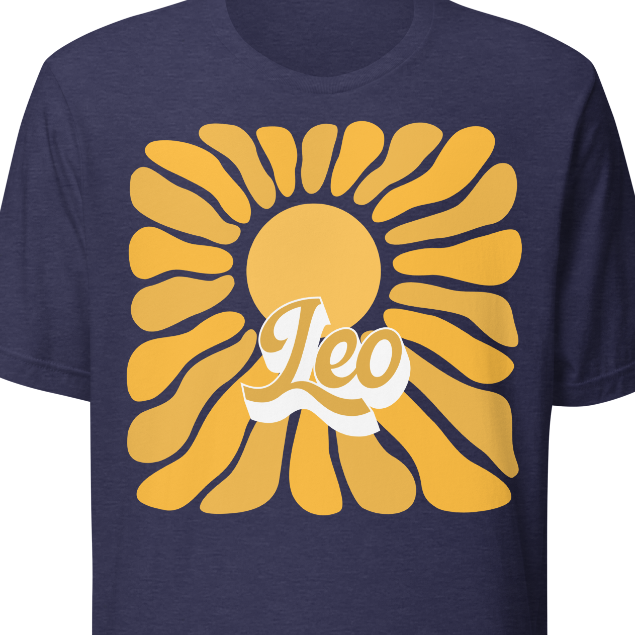Navy blue t-shirt with yellow sun graphic and 'Leo' text 