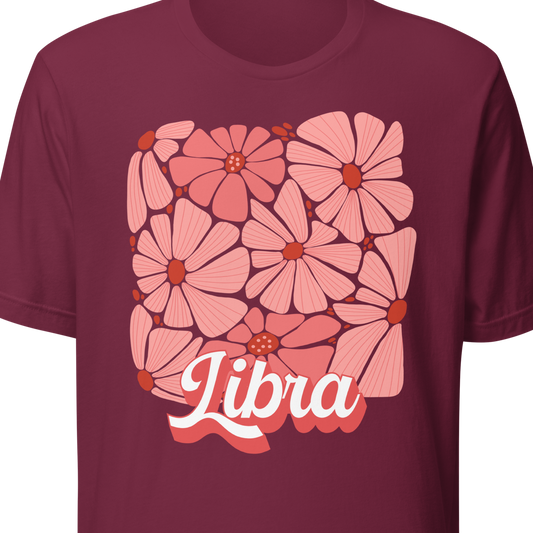 Maroon t-shirt with pink floral design and 'Libra' text 