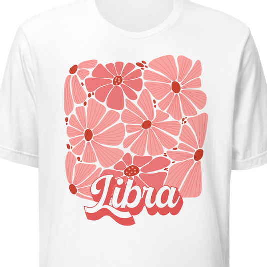 White t-shirt with pink floral design and 'Libra' text on a white background