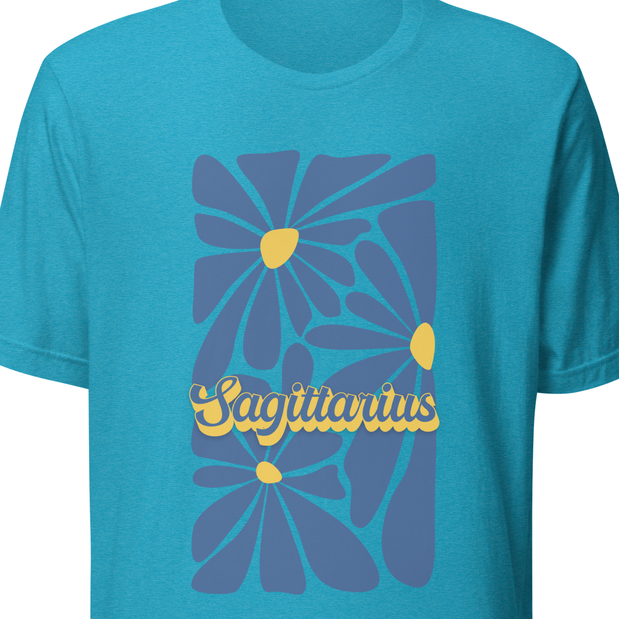 Aqua t-shirt with a floral design and ' Sagittarius' text 