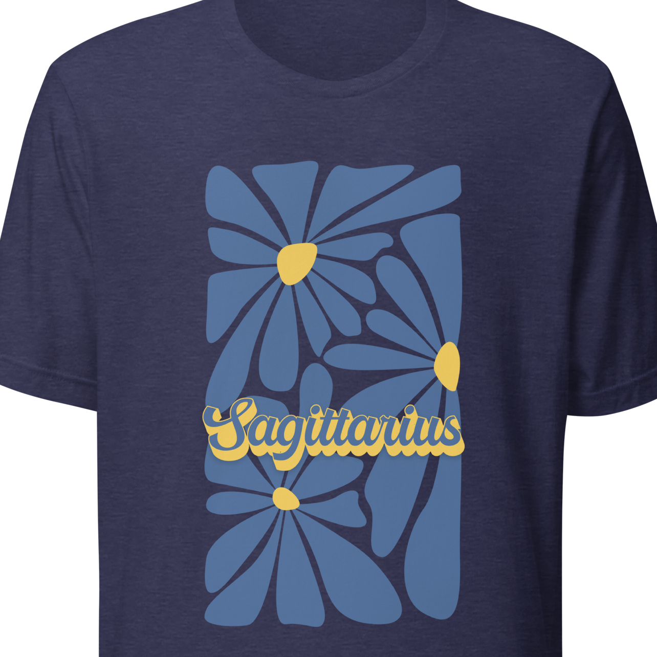 Navy blue t-shirt with blue floral design and ' Sagittarius' text