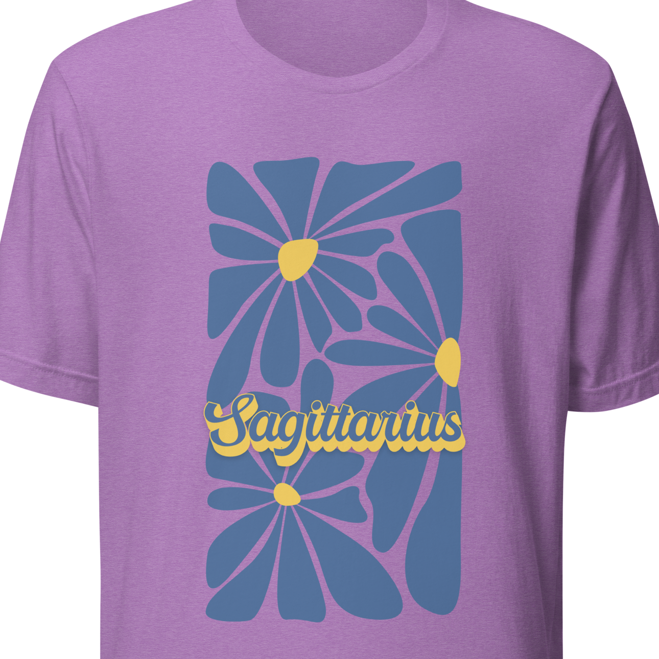Purple t-shirt with blue floral design and yellow text