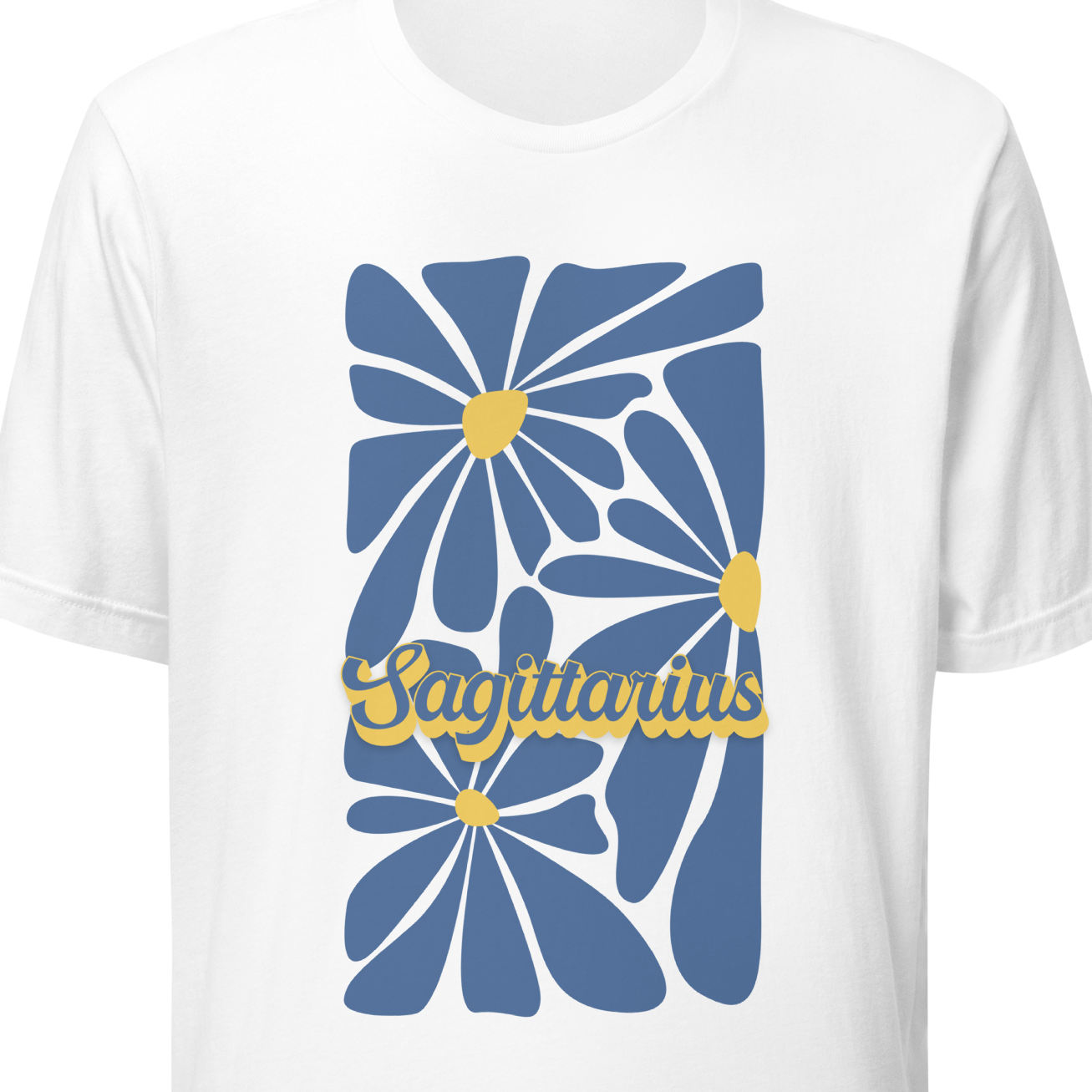 White t-shirt with blue floral design and 'Sagittarius' text on a white background