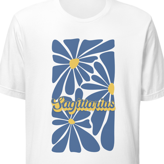 White t-shirt with blue floral design and 'Sagittarius' text on a white background