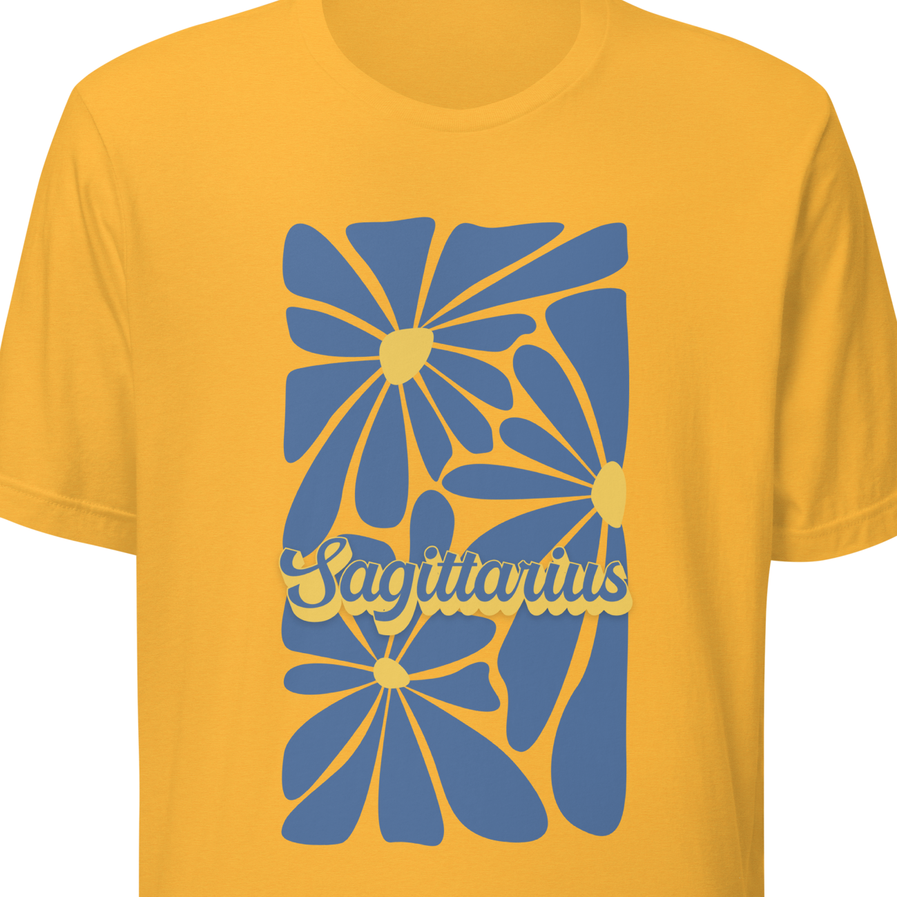 Yellow t-shirt with blue floral design and 'Sagittarius' text