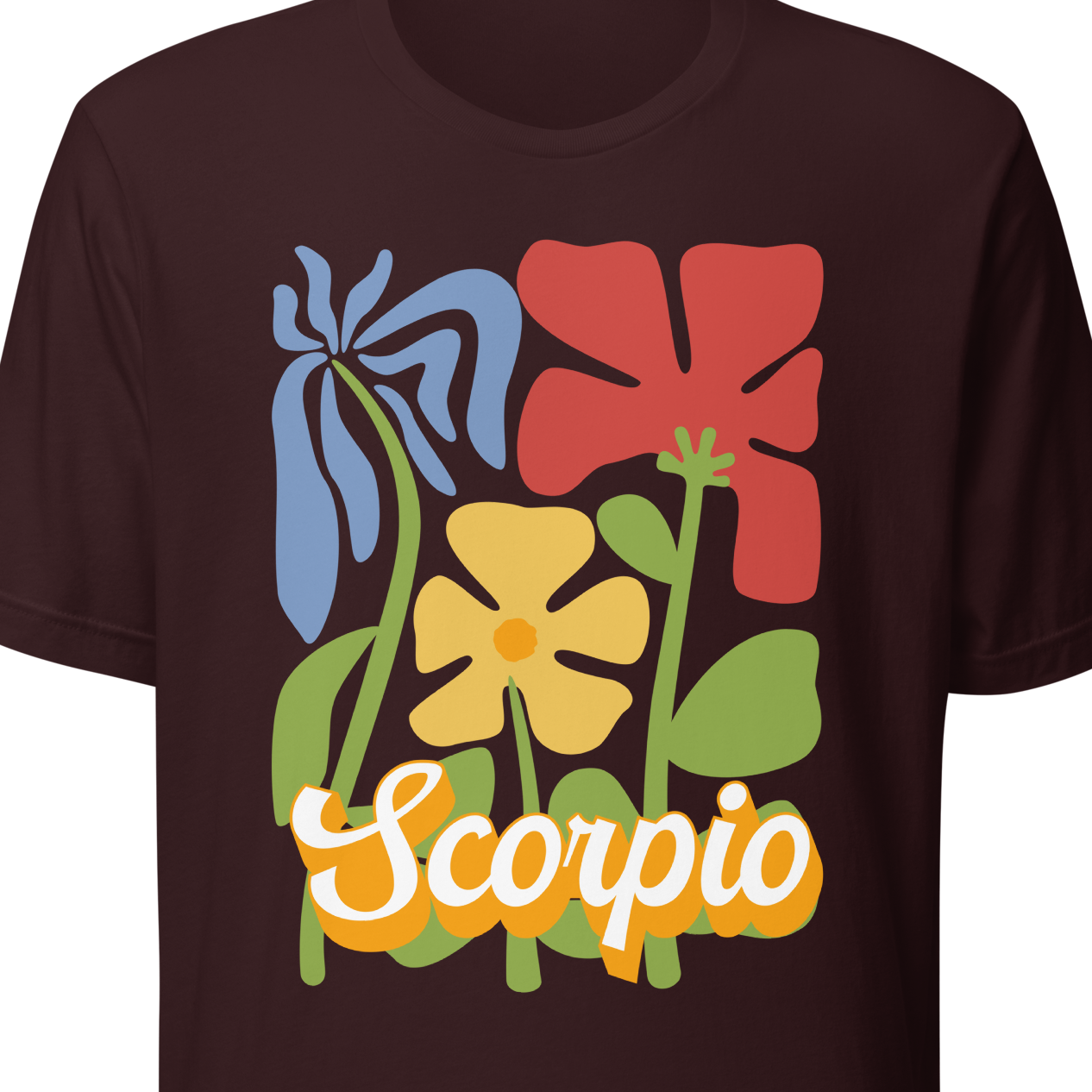 Brown t-shirt with colorful floral design and 'Scorpio' text