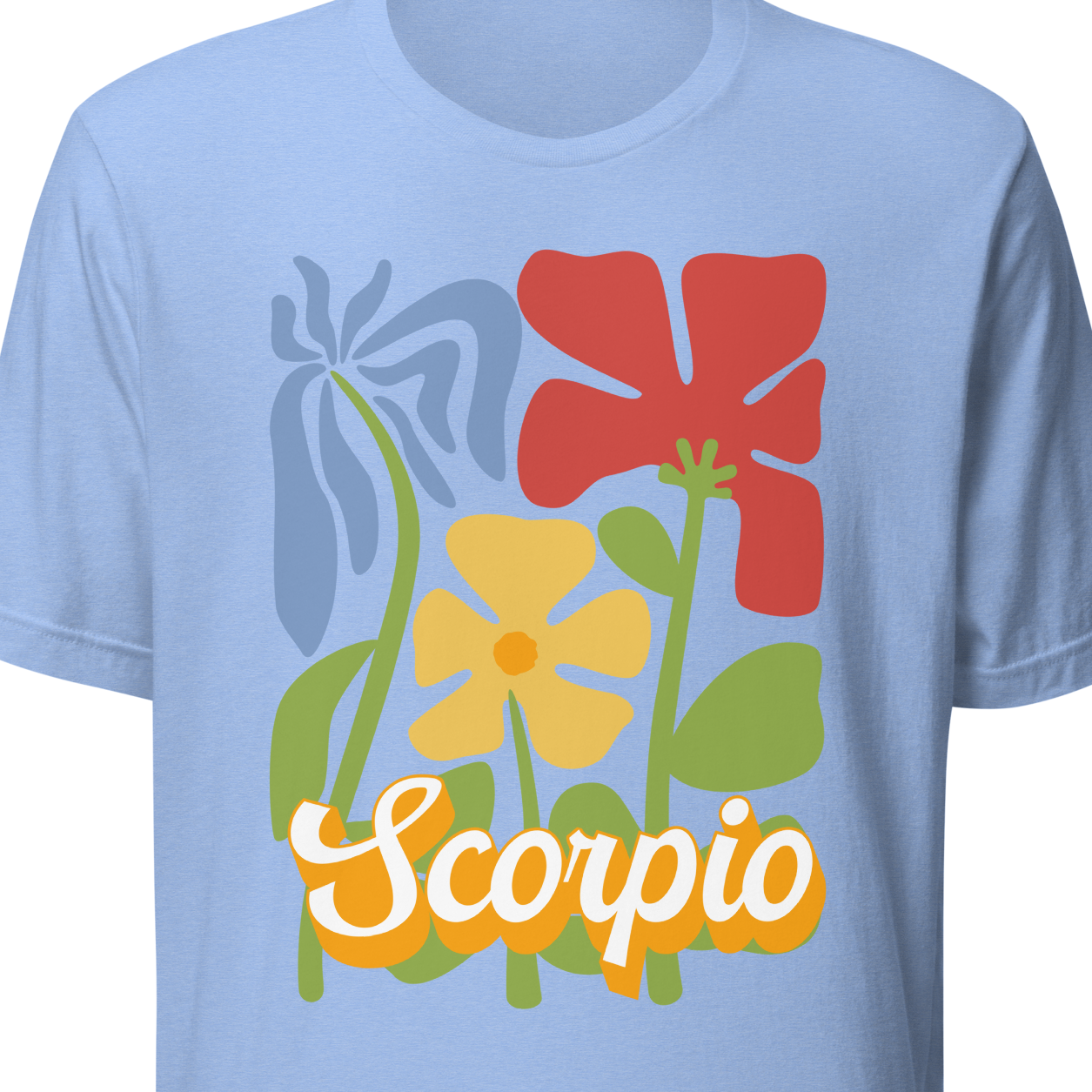 Light blue t-shirt with colorful floral design and 'Scorpio' text 