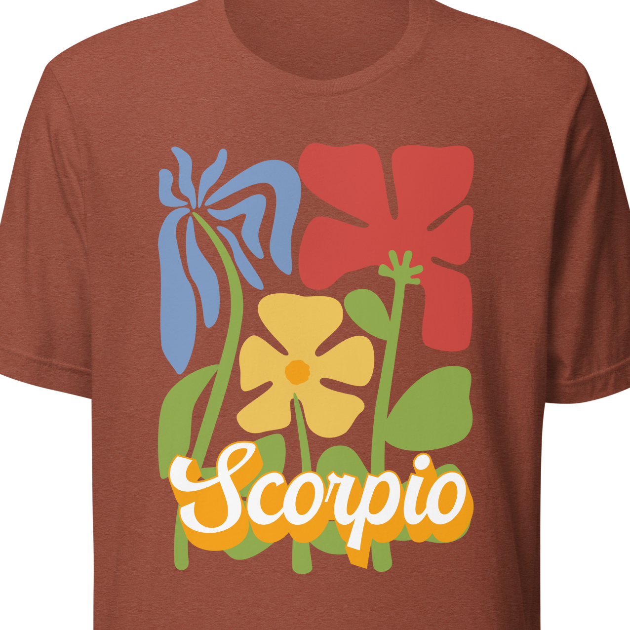 Brown t-shirt with colorful floral design and 'Scorpio' text 