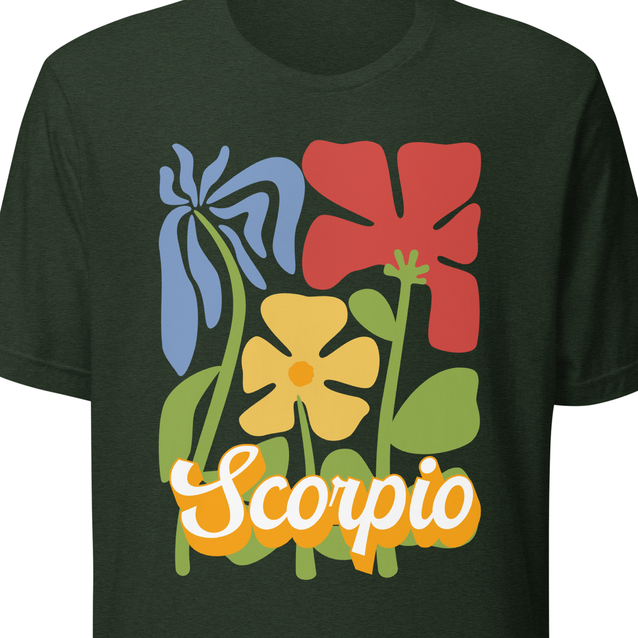 Green t-shirt with colorful floral design and 'Scorpio' text