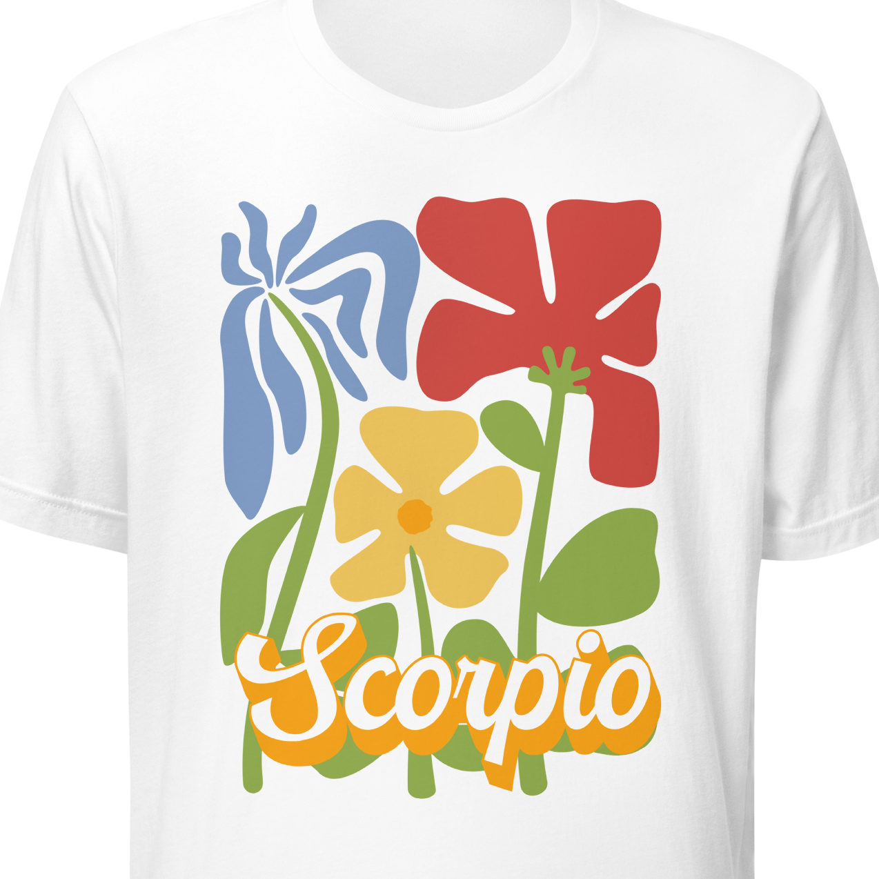 White t-shirt with colorful floral design and 'Scorpio' text on a white background