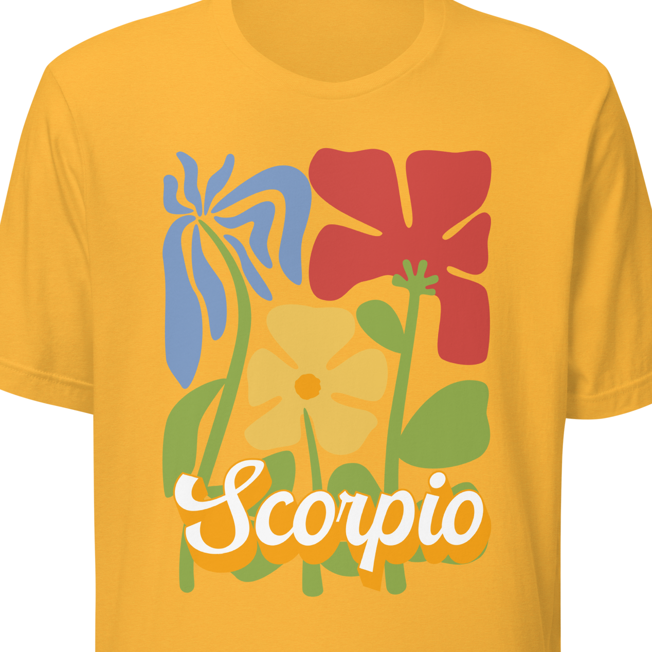Yellow t-shirt with colorful floral design and 'Scorpio' text