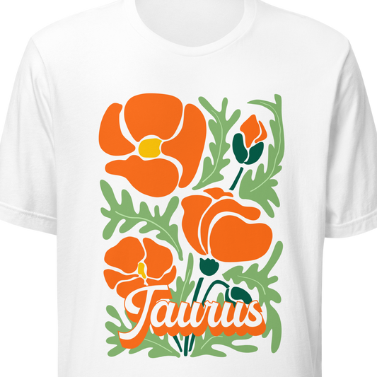 White t-shirt with orange floral design and 'Taurus' text on a white background