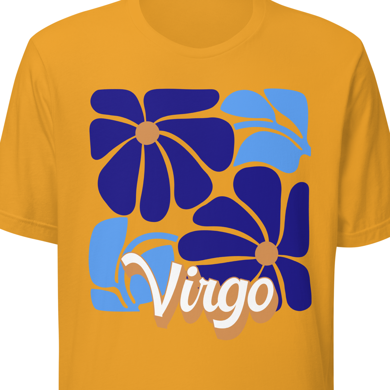 Yellow t-shirt with blue and purple floral design and 'Virgo' text 