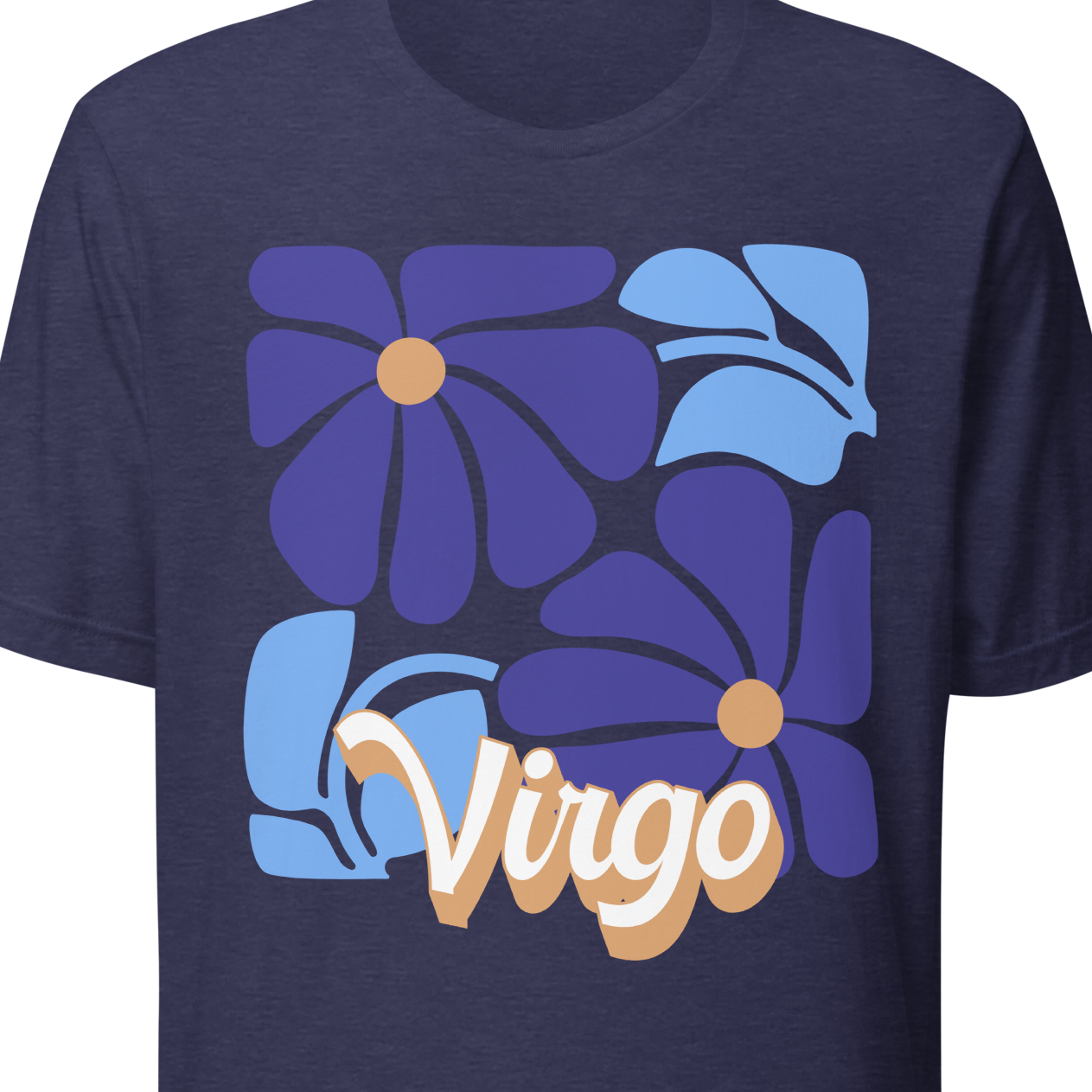 Navy blue t-shirt with floral design and 'Virgo' text 