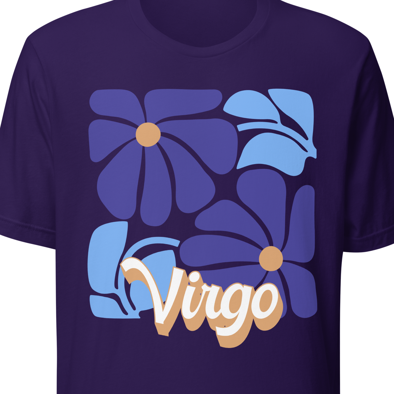 Purple t-shirt with floral design and 'Virgo' text on a white background